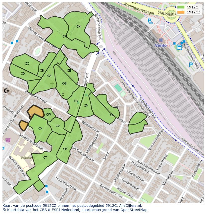 Afbeelding van het postcodegebied 5912 CZ op de kaart.
