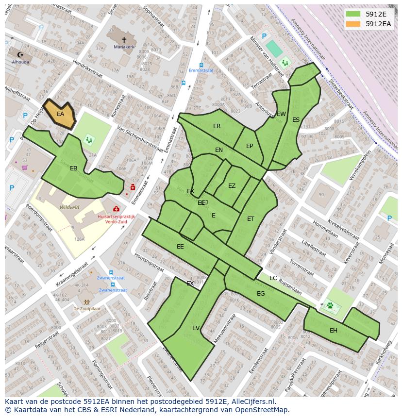 Afbeelding van het postcodegebied 5912 EA op de kaart.