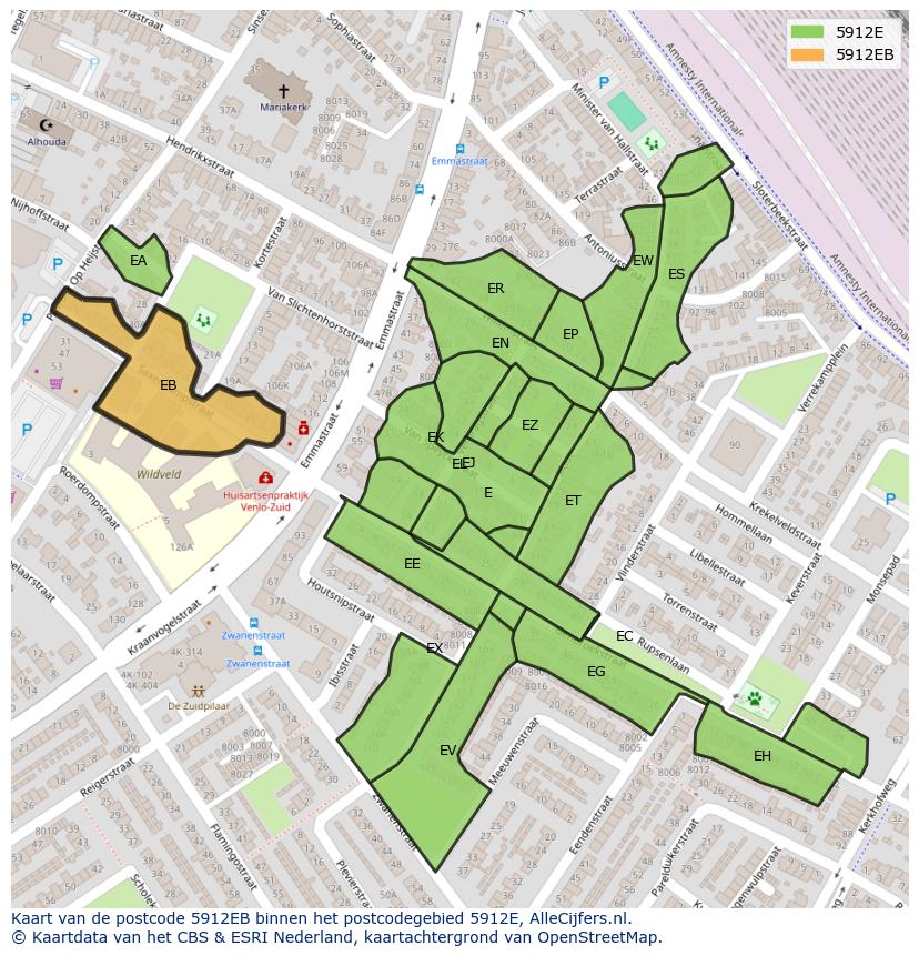Afbeelding van het postcodegebied 5912 EB op de kaart.