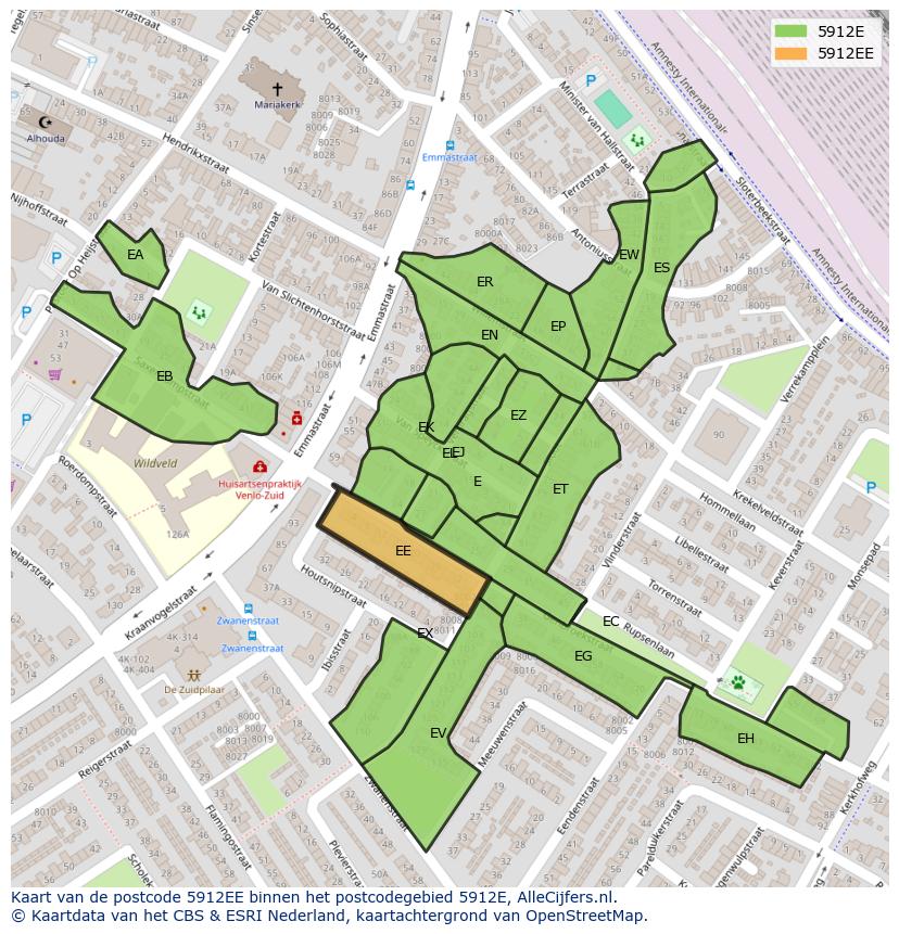 Afbeelding van het postcodegebied 5912 EE op de kaart.
