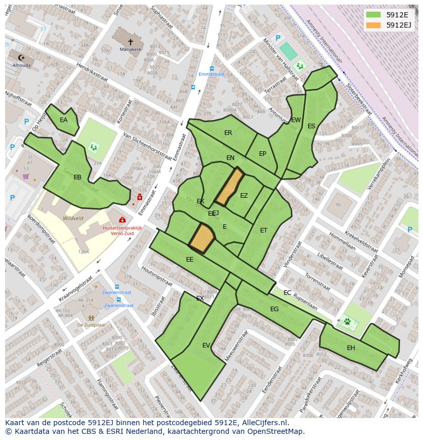 Afbeelding van het postcodegebied 5912 EJ op de kaart.