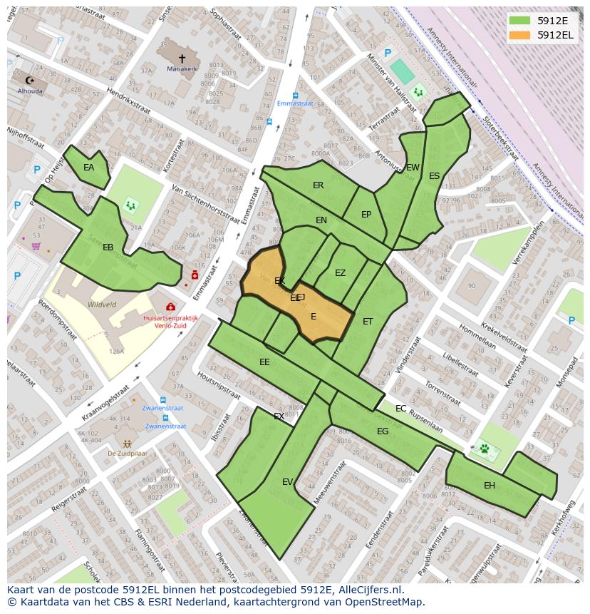 Afbeelding van het postcodegebied 5912 EL op de kaart.