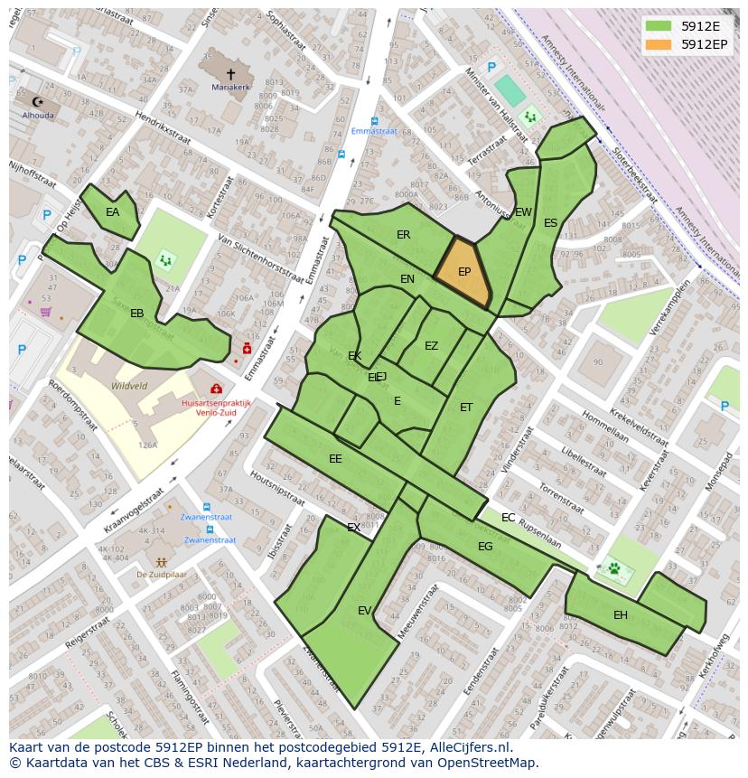 Afbeelding van het postcodegebied 5912 EP op de kaart.