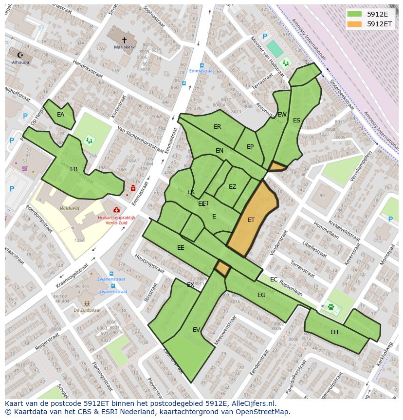 Afbeelding van het postcodegebied 5912 ET op de kaart.