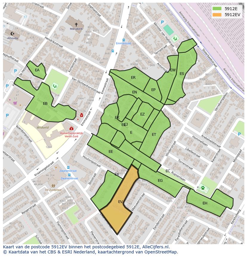 Afbeelding van het postcodegebied 5912 EV op de kaart.