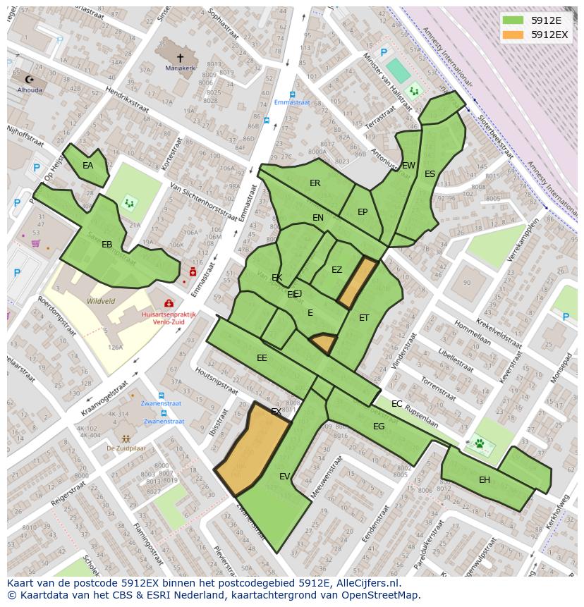 Afbeelding van het postcodegebied 5912 EX op de kaart.
