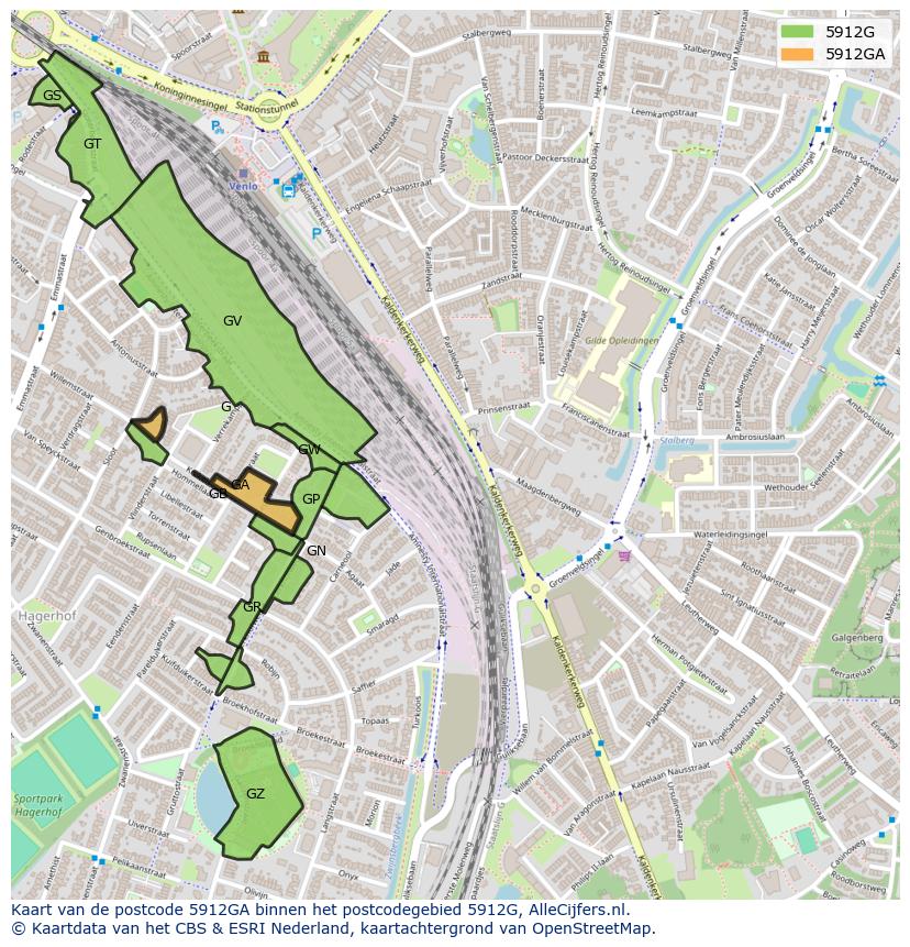 Afbeelding van het postcodegebied 5912 GA op de kaart.