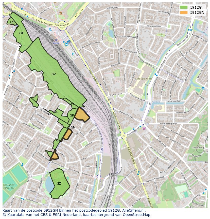 Afbeelding van het postcodegebied 5912 GN op de kaart.