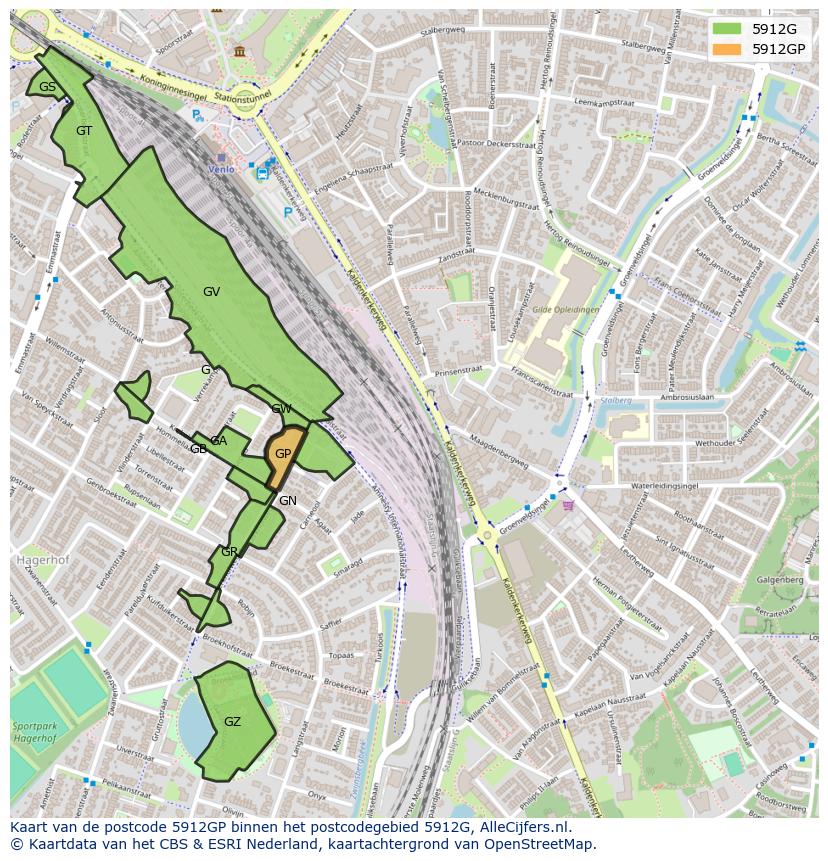 Afbeelding van het postcodegebied 5912 GP op de kaart.