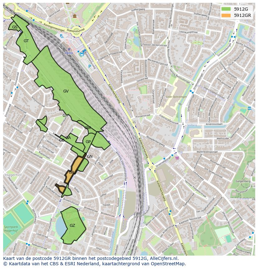 Afbeelding van het postcodegebied 5912 GR op de kaart.