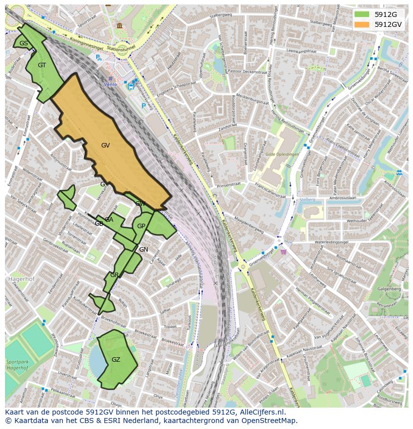 Afbeelding van het postcodegebied 5912 GV op de kaart.