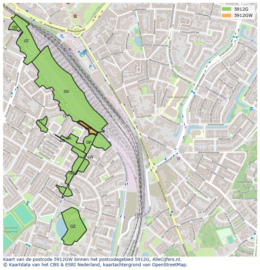 Afbeelding van het postcodegebied 5912 GW op de kaart.