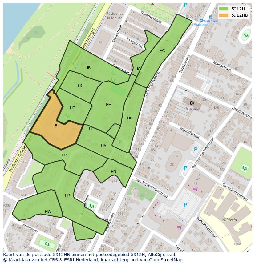 Afbeelding van het postcodegebied 5912 HB op de kaart.