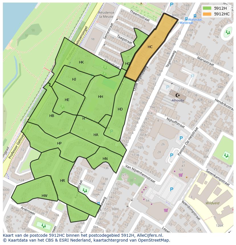 Afbeelding van het postcodegebied 5912 HC op de kaart.