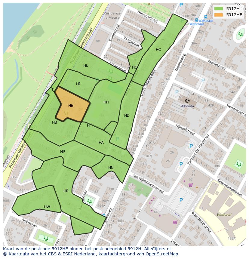 Afbeelding van het postcodegebied 5912 HE op de kaart.