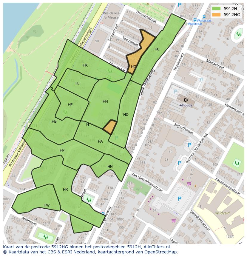 Afbeelding van het postcodegebied 5912 HG op de kaart.