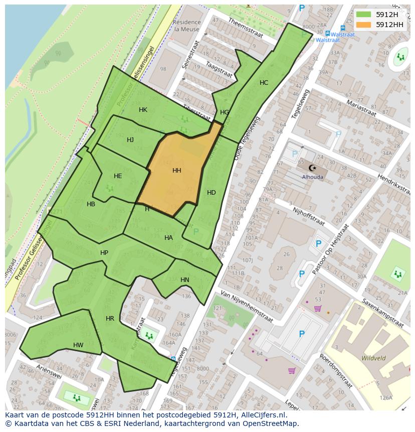 Afbeelding van het postcodegebied 5912 HH op de kaart.