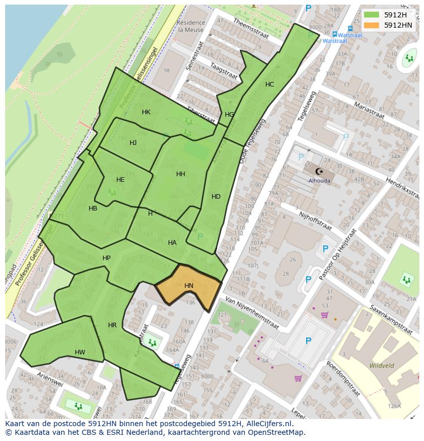 Afbeelding van het postcodegebied 5912 HN op de kaart.