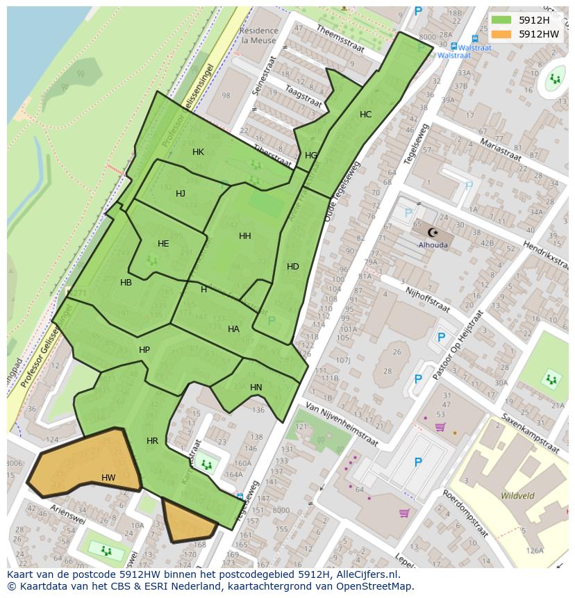 Afbeelding van het postcodegebied 5912 HW op de kaart.