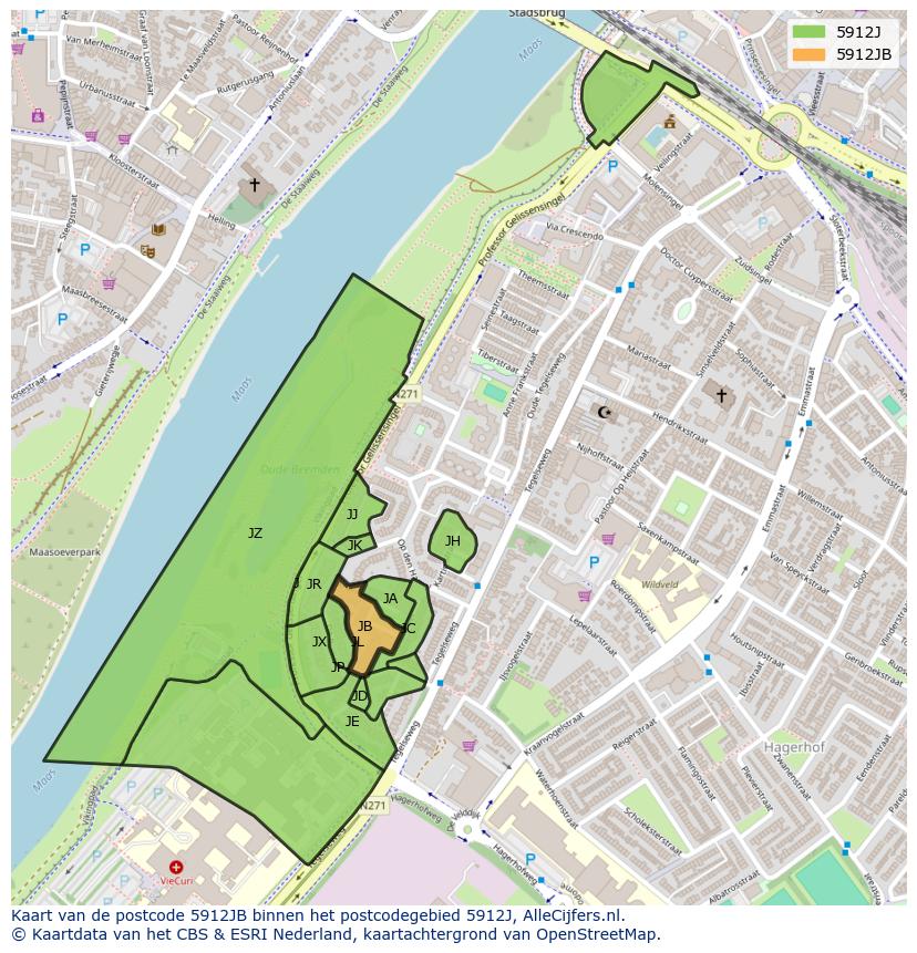 Afbeelding van het postcodegebied 5912 JB op de kaart.