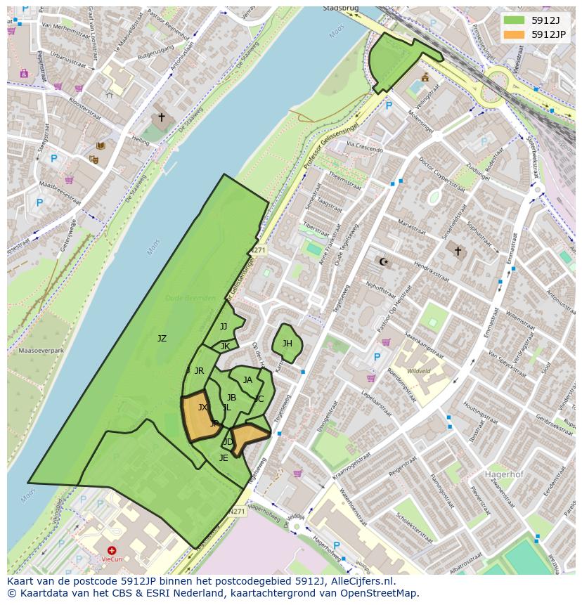 Afbeelding van het postcodegebied 5912 JP op de kaart.