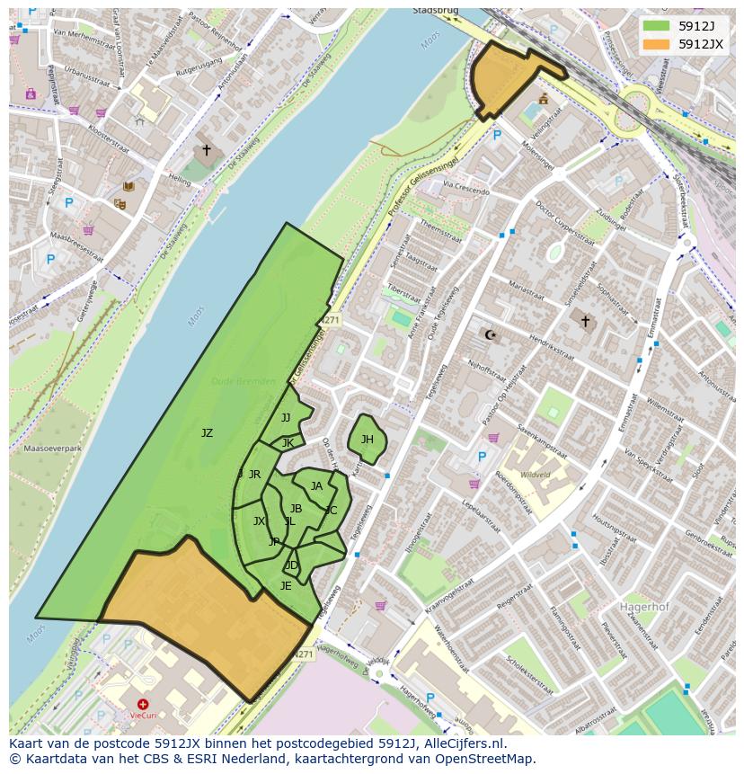 Afbeelding van het postcodegebied 5912 JX op de kaart.