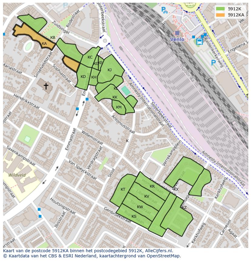 Afbeelding van het postcodegebied 5912 KA op de kaart.