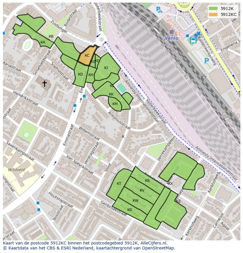 Afbeelding van het postcodegebied 5912 KC op de kaart.