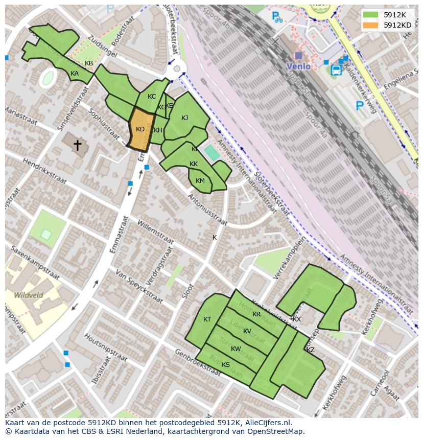 Afbeelding van het postcodegebied 5912 KD op de kaart.