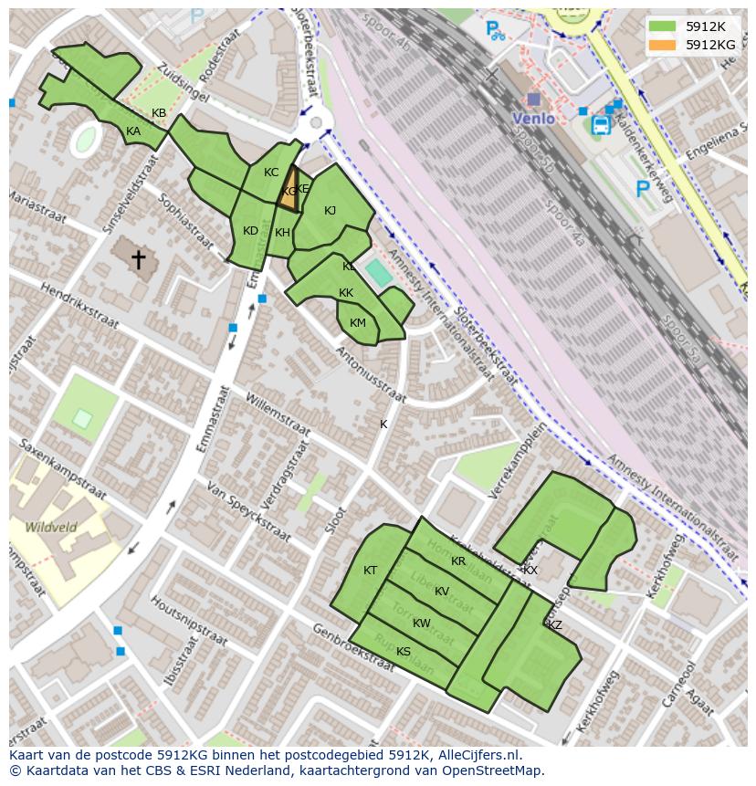 Afbeelding van het postcodegebied 5912 KG op de kaart.