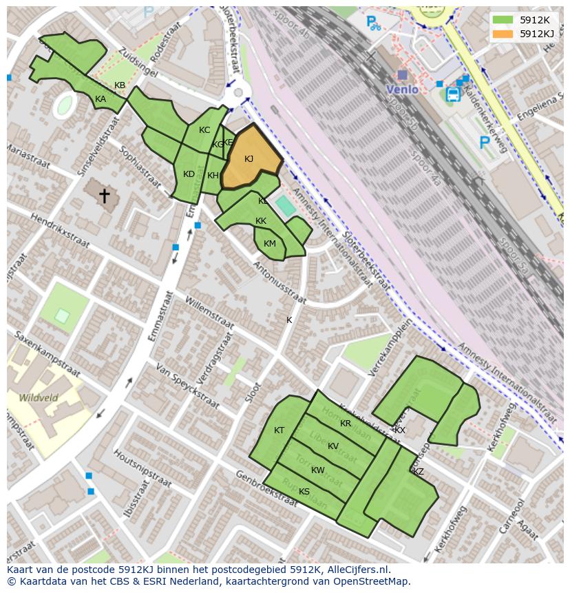 Afbeelding van het postcodegebied 5912 KJ op de kaart.
