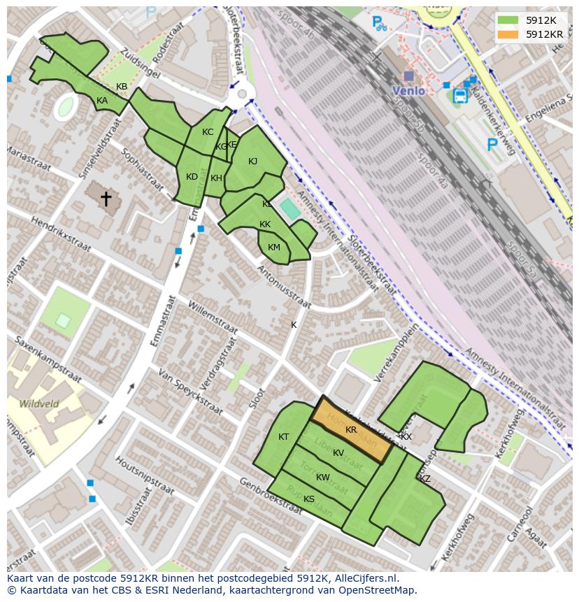 Afbeelding van het postcodegebied 5912 KR op de kaart.