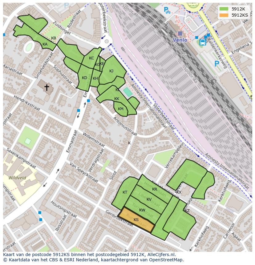 Afbeelding van het postcodegebied 5912 KS op de kaart.