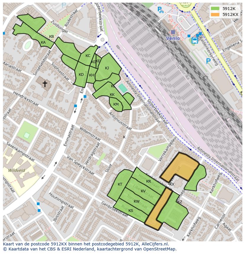 Afbeelding van het postcodegebied 5912 KX op de kaart.