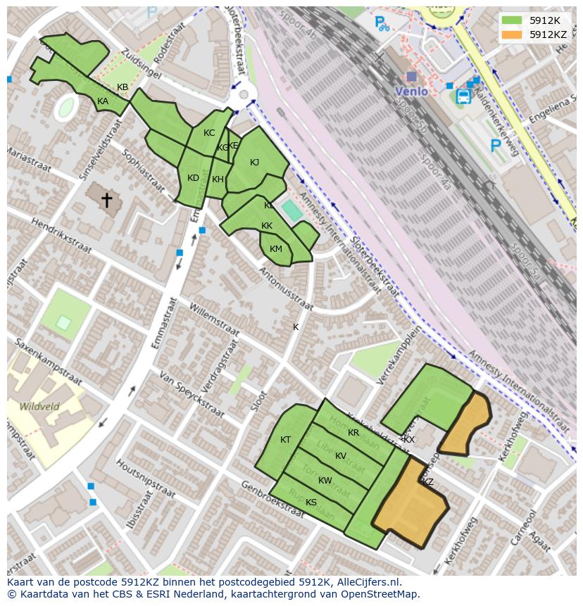 Afbeelding van het postcodegebied 5912 KZ op de kaart.