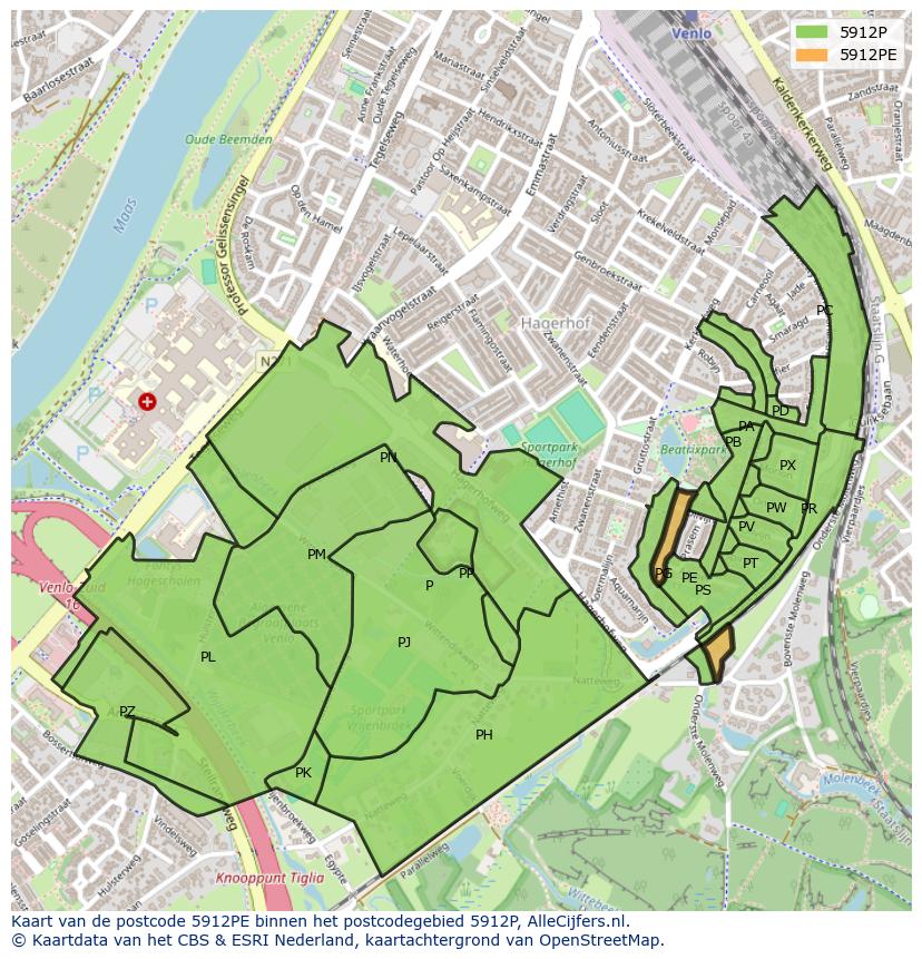 Afbeelding van het postcodegebied 5912 PE op de kaart.