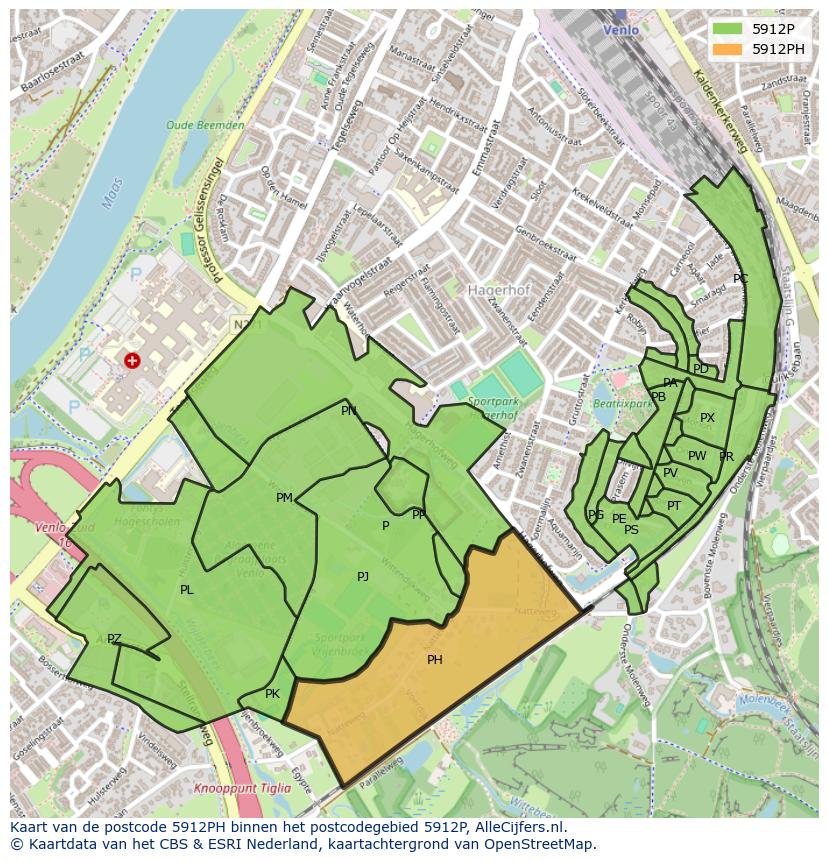 Afbeelding van het postcodegebied 5912 PH op de kaart.