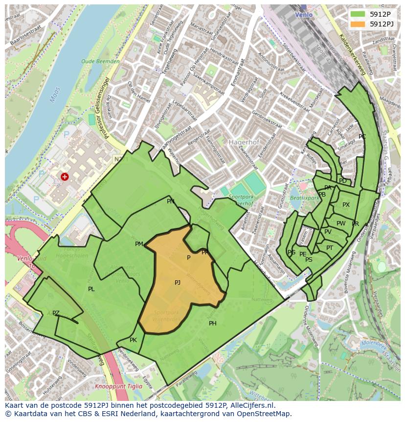 Afbeelding van het postcodegebied 5912 PJ op de kaart.