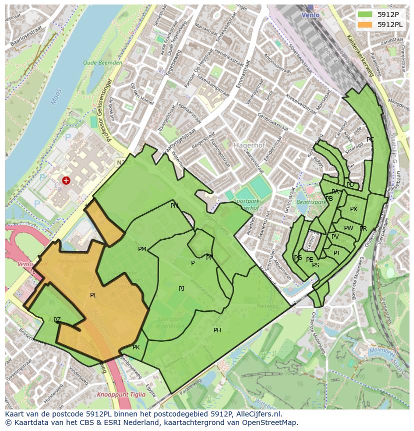 Afbeelding van het postcodegebied 5912 PL op de kaart.