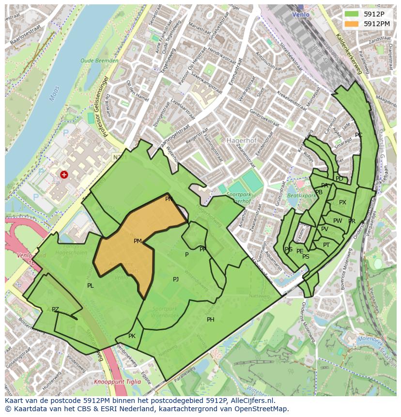 Afbeelding van het postcodegebied 5912 PM op de kaart.