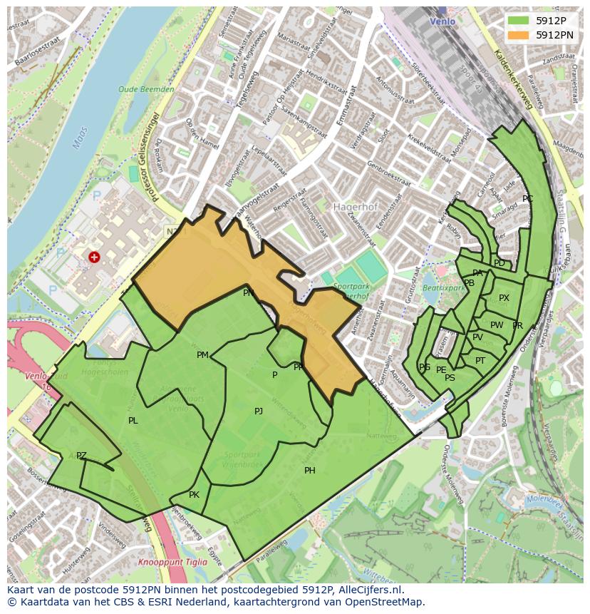 Afbeelding van het postcodegebied 5912 PN op de kaart.