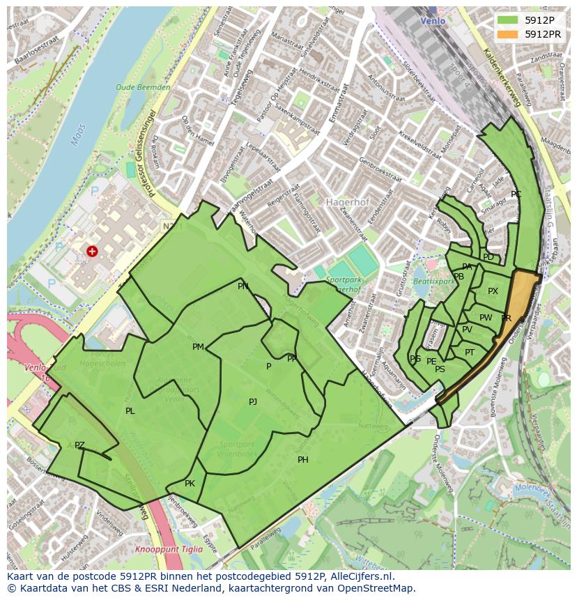 Afbeelding van het postcodegebied 5912 PR op de kaart.