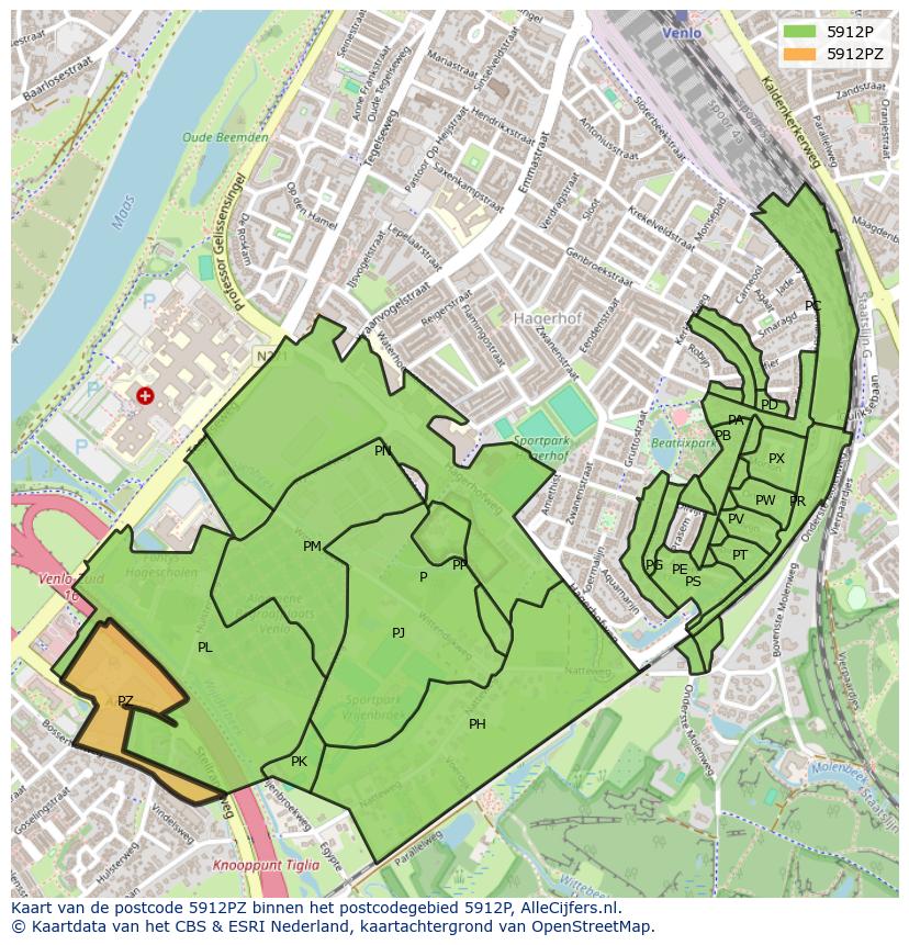 Afbeelding van het postcodegebied 5912 PZ op de kaart.