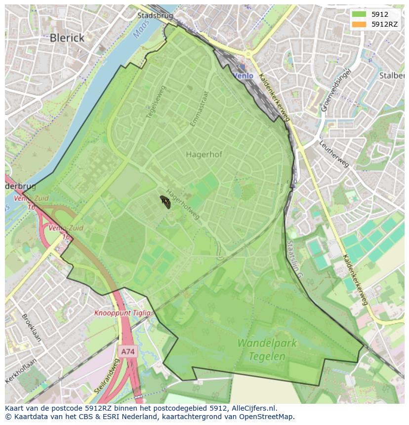 Afbeelding van het postcodegebied 5912 RZ op de kaart.