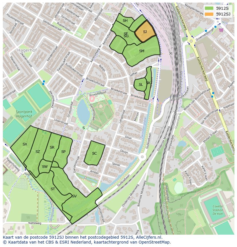 Afbeelding van het postcodegebied 5912 SJ op de kaart.
