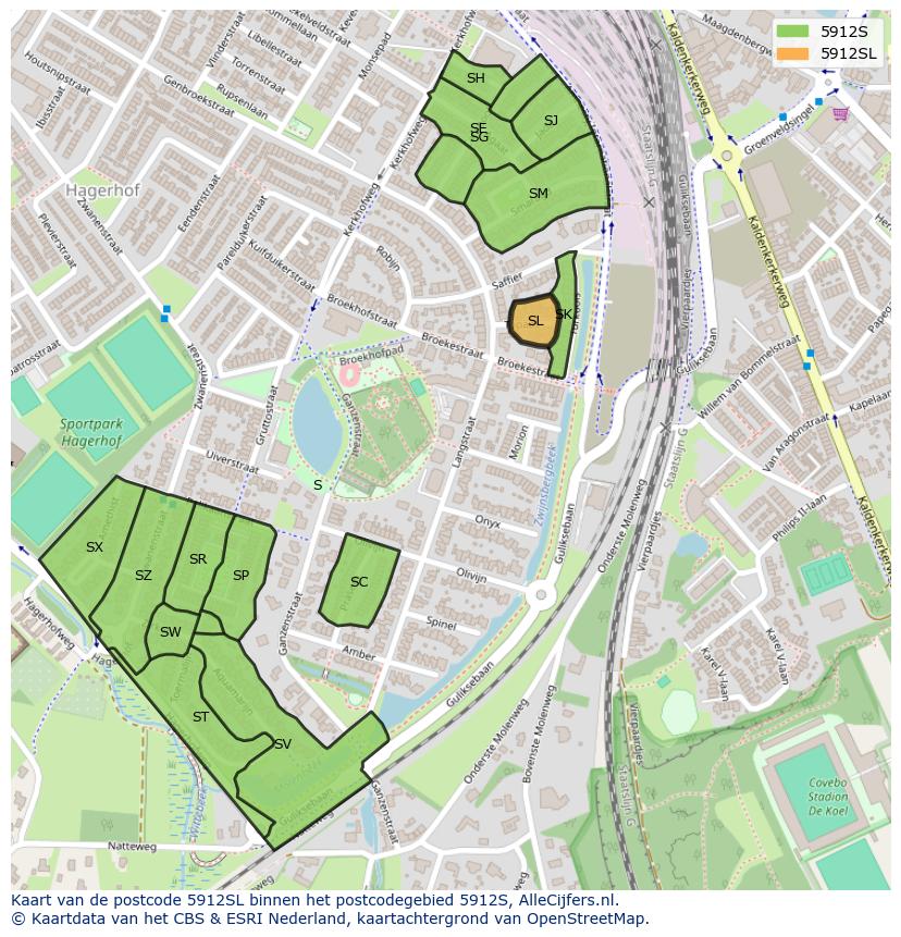 Afbeelding van het postcodegebied 5912 SL op de kaart.