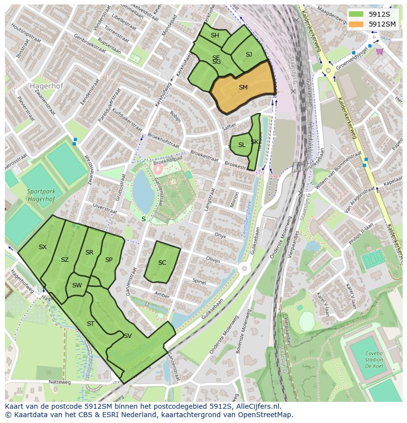Afbeelding van het postcodegebied 5912 SM op de kaart.