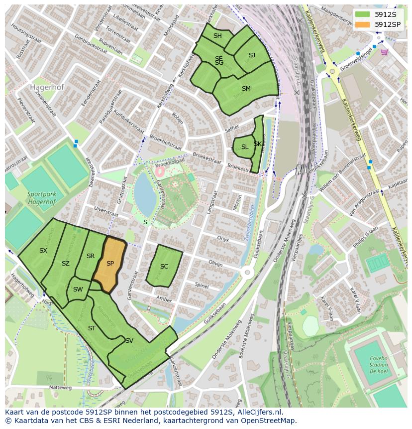 Afbeelding van het postcodegebied 5912 SP op de kaart.