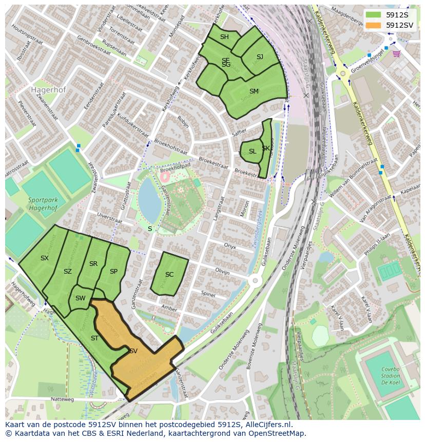 Afbeelding van het postcodegebied 5912 SV op de kaart.