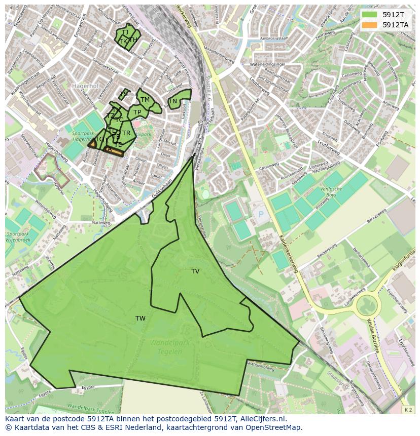 Afbeelding van het postcodegebied 5912 TA op de kaart.
